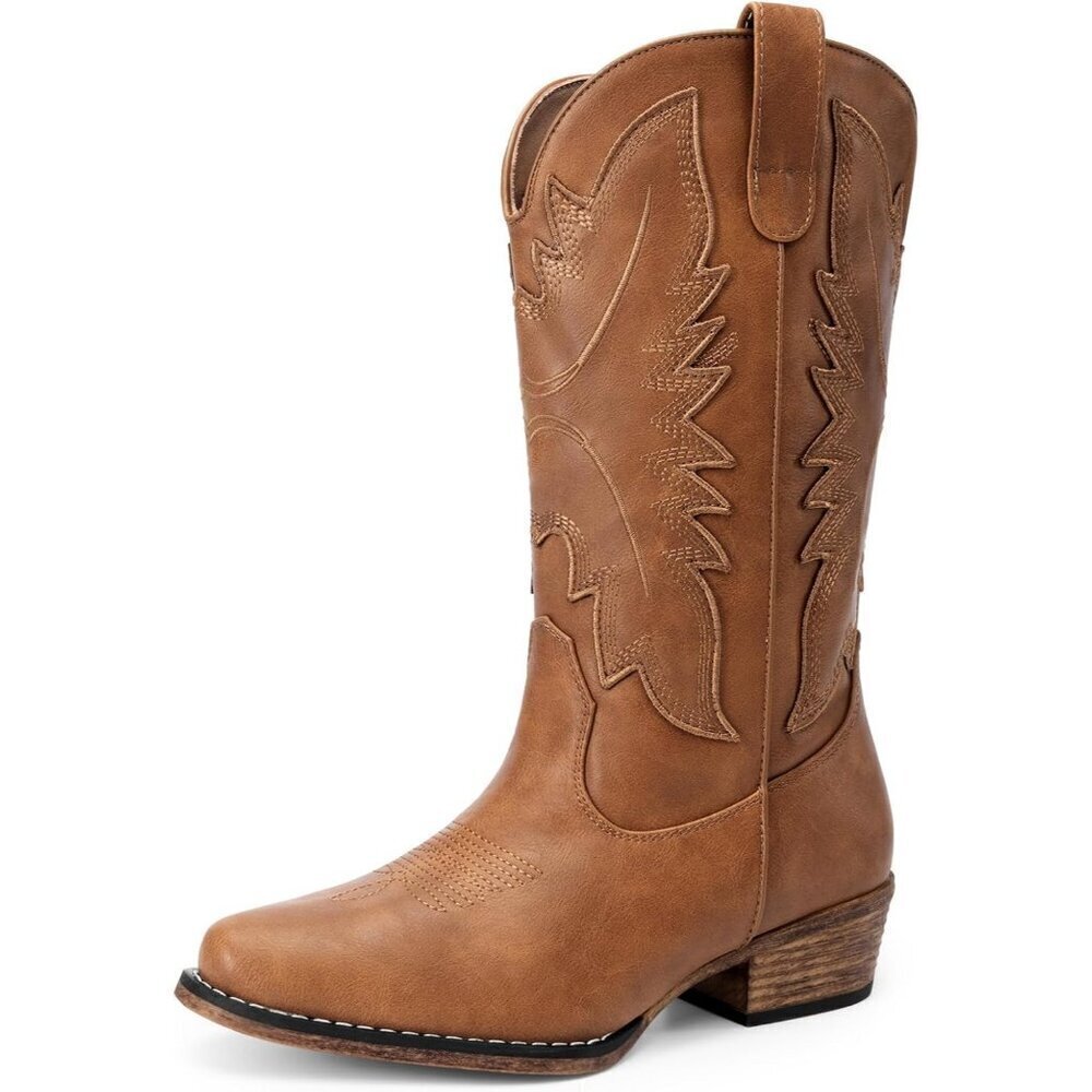Women's Tan Embroidered Stitched Chunky Mid Calf Snip Toe Heel Fashion Boot